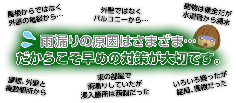 雨漏りの原因はさまざま…だからこそ早めの対策が大切です。